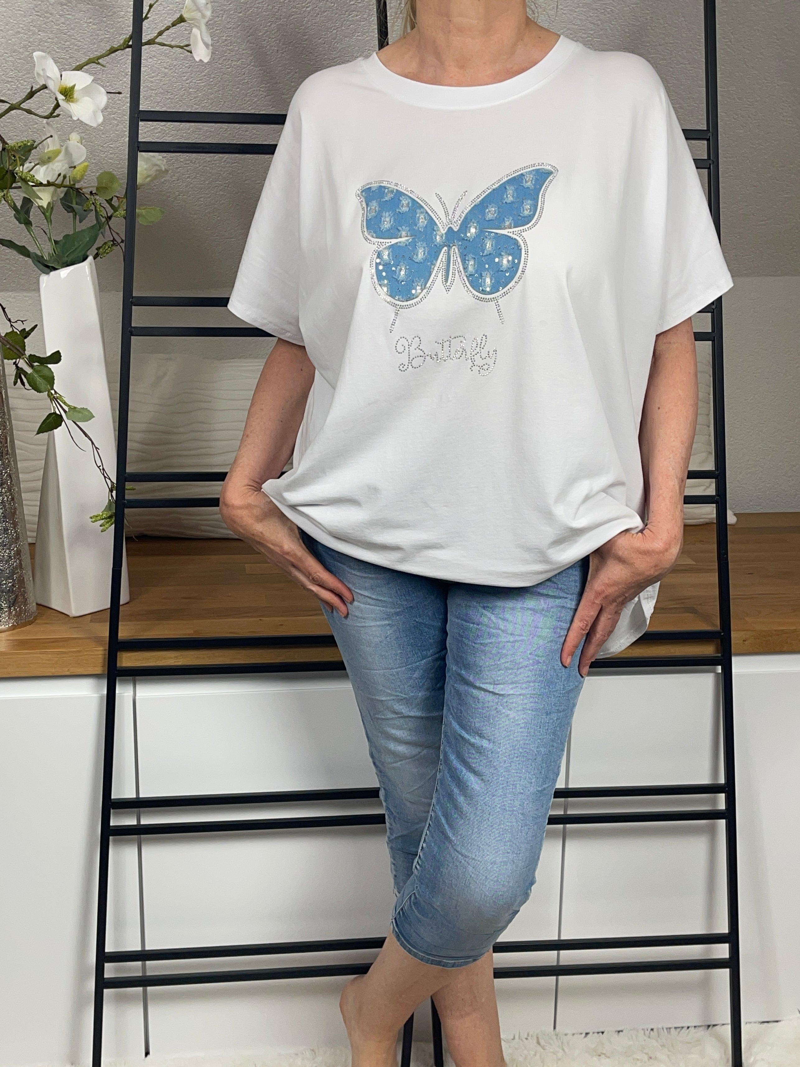 Damen T - Shirt „Schmetterling“ Einheitsgrösse Gr. 40 - 46 in weiß- blau