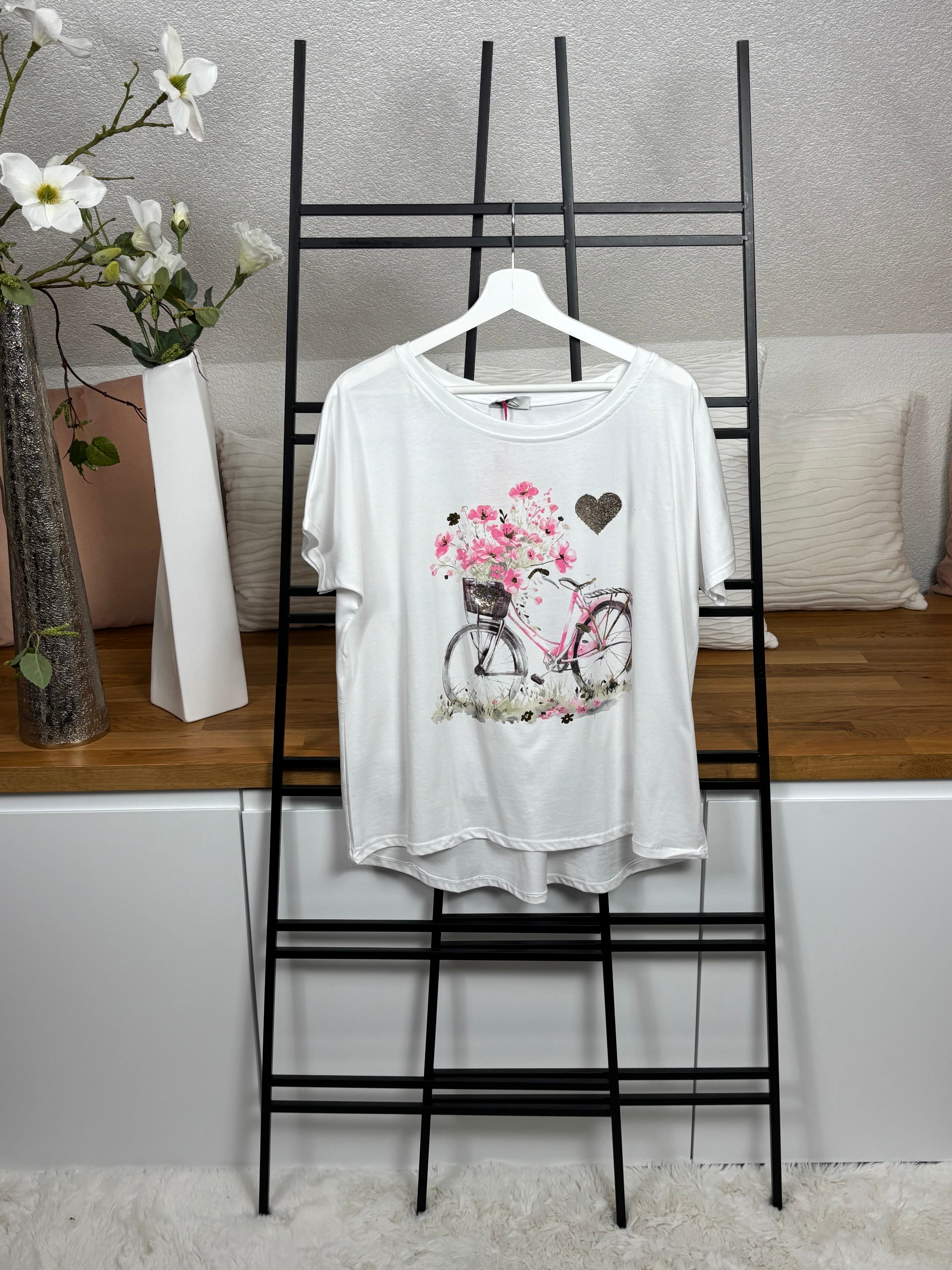 Damen - T - Shirt „Fahrrad“ Einheitsgrösse Gr. 36 - 44 in weiß - bunt