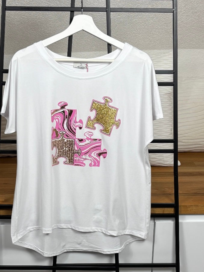 Damen - T - Shirt „Puzzle“ Einheitsgrösse Gr. 36 - 44 in weiß- bunt