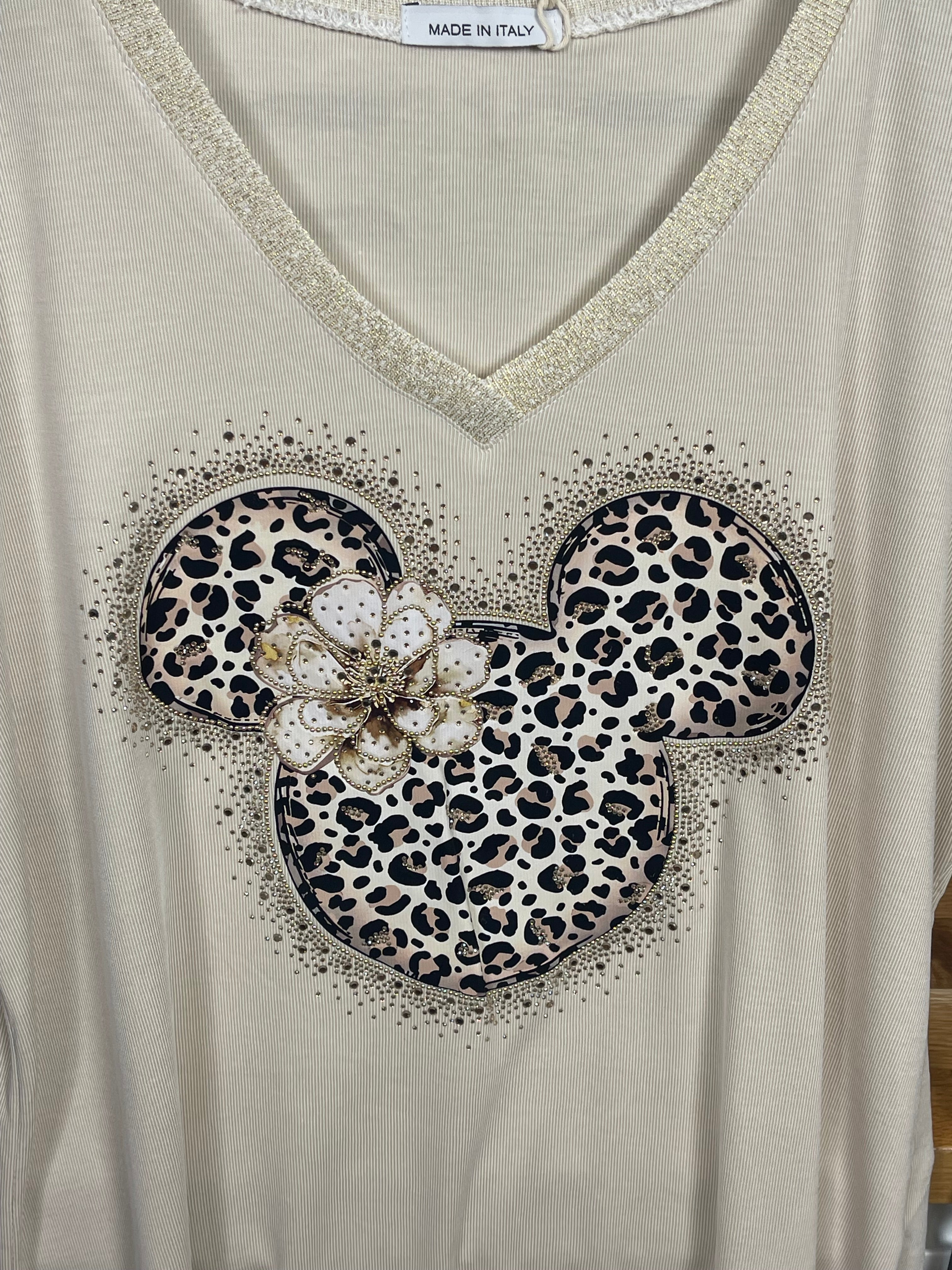 Damen - T - Shirt „Mickey“ mit Glitzer und Animalprint Einheitsgrösse Gr. 38 - 44 in 2 Farben