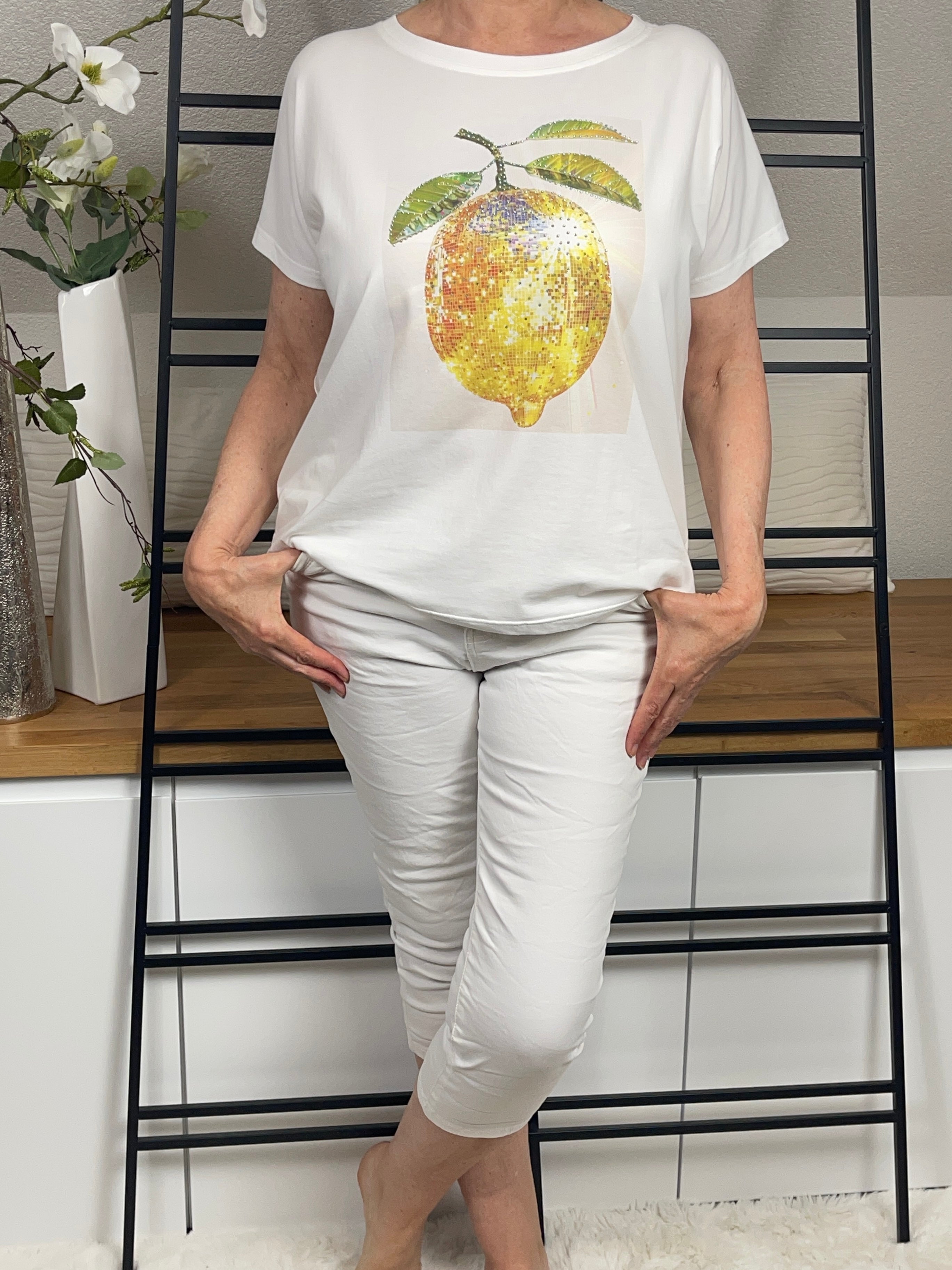 Damen - T - Shirt „Zitrone“ Einheitsgrösse Gr. 38 - 44 in weiß - gelb