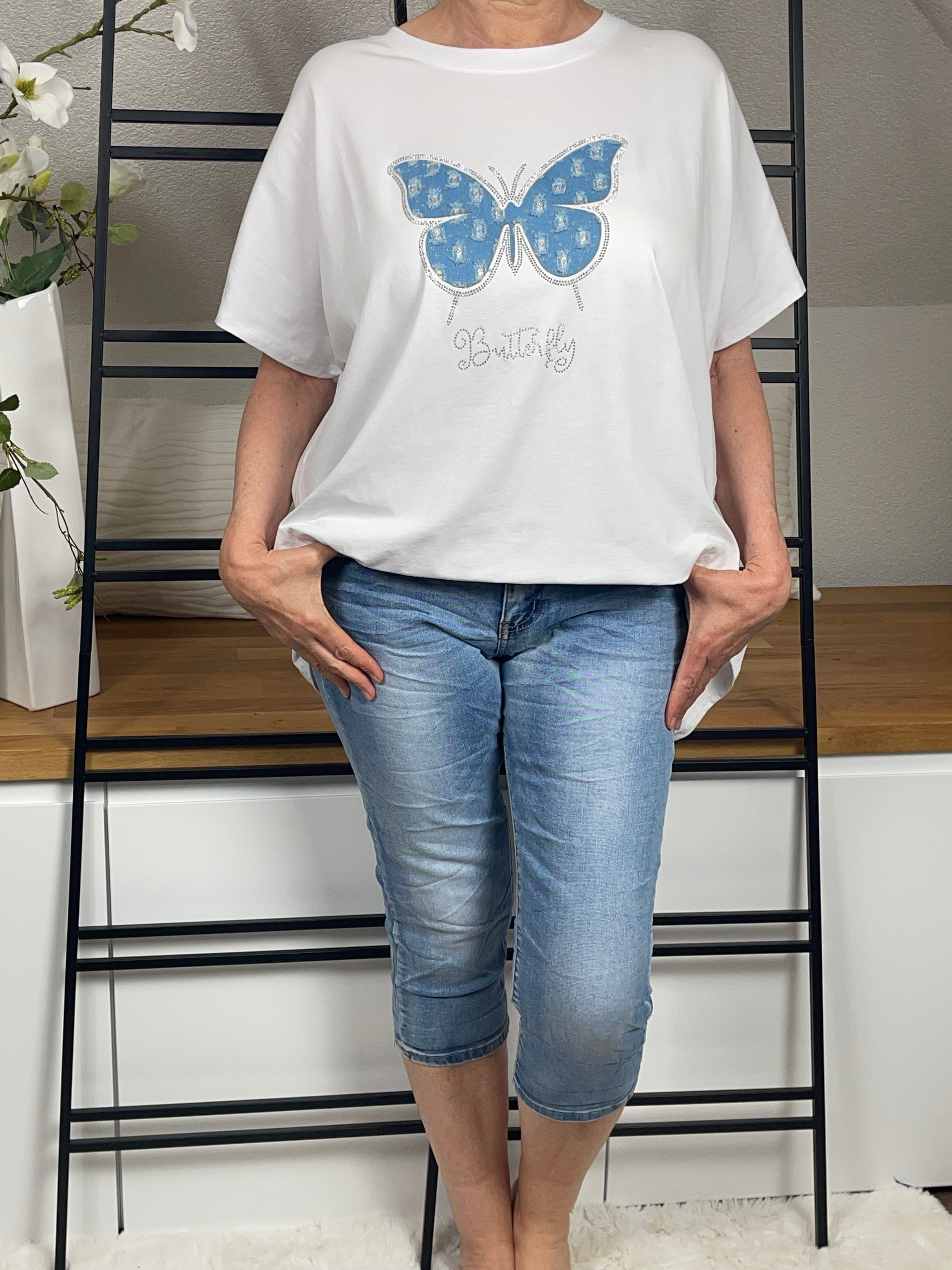Damen T - Shirt „Schmetterling“ Einheitsgrösse Gr. 40 - 46 in weiß- blau