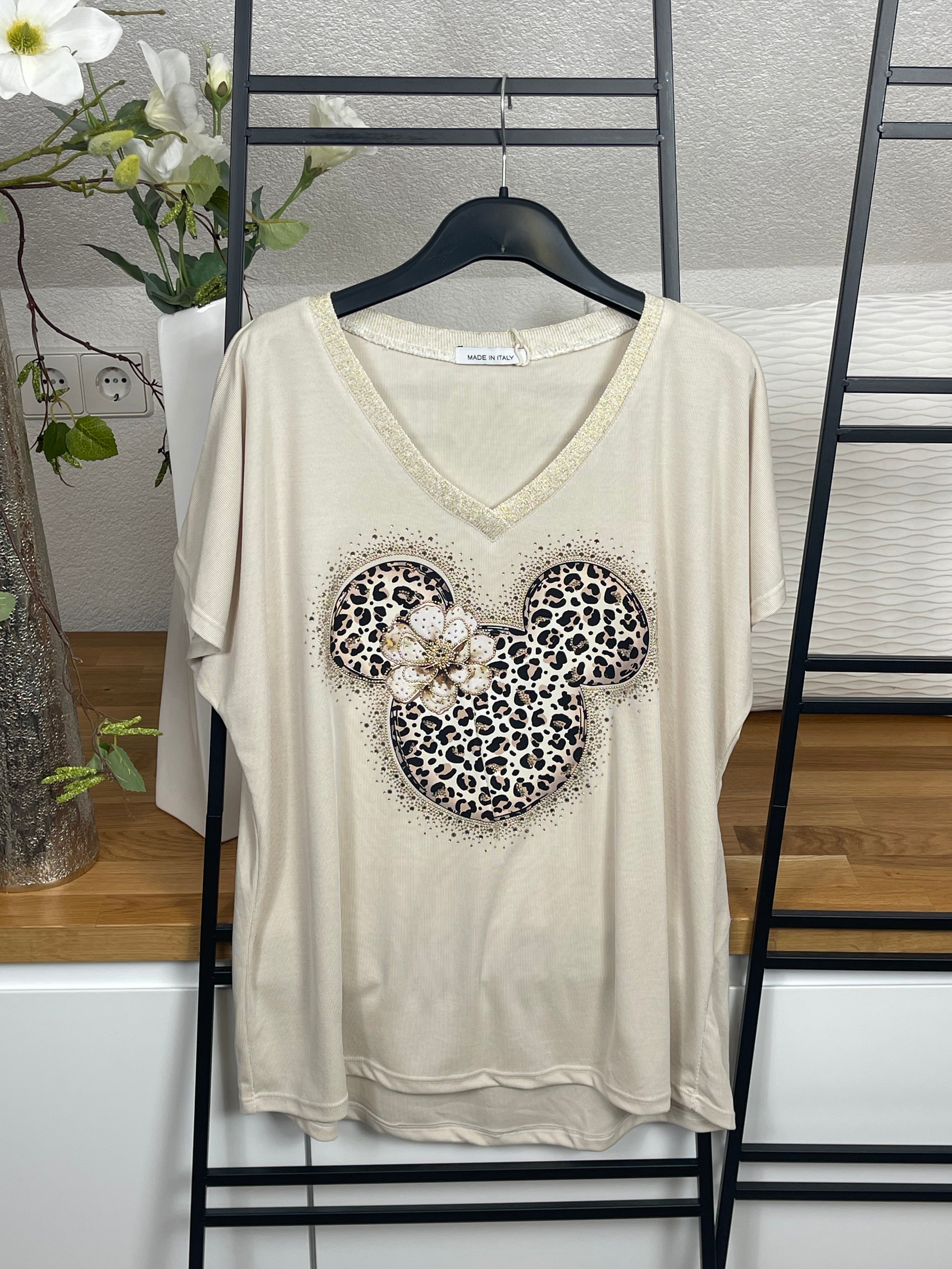 Damen - T - Shirt „Mickey“ mit Glitzer und Animalprint Einheitsgrösse Gr. 38 - 44 in 2 Farben