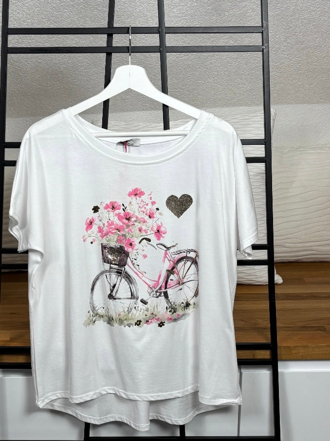Damen - T - Shirt „Fahrrad“ Einheitsgrösse Gr. 36 - 44 in weiß - bunt