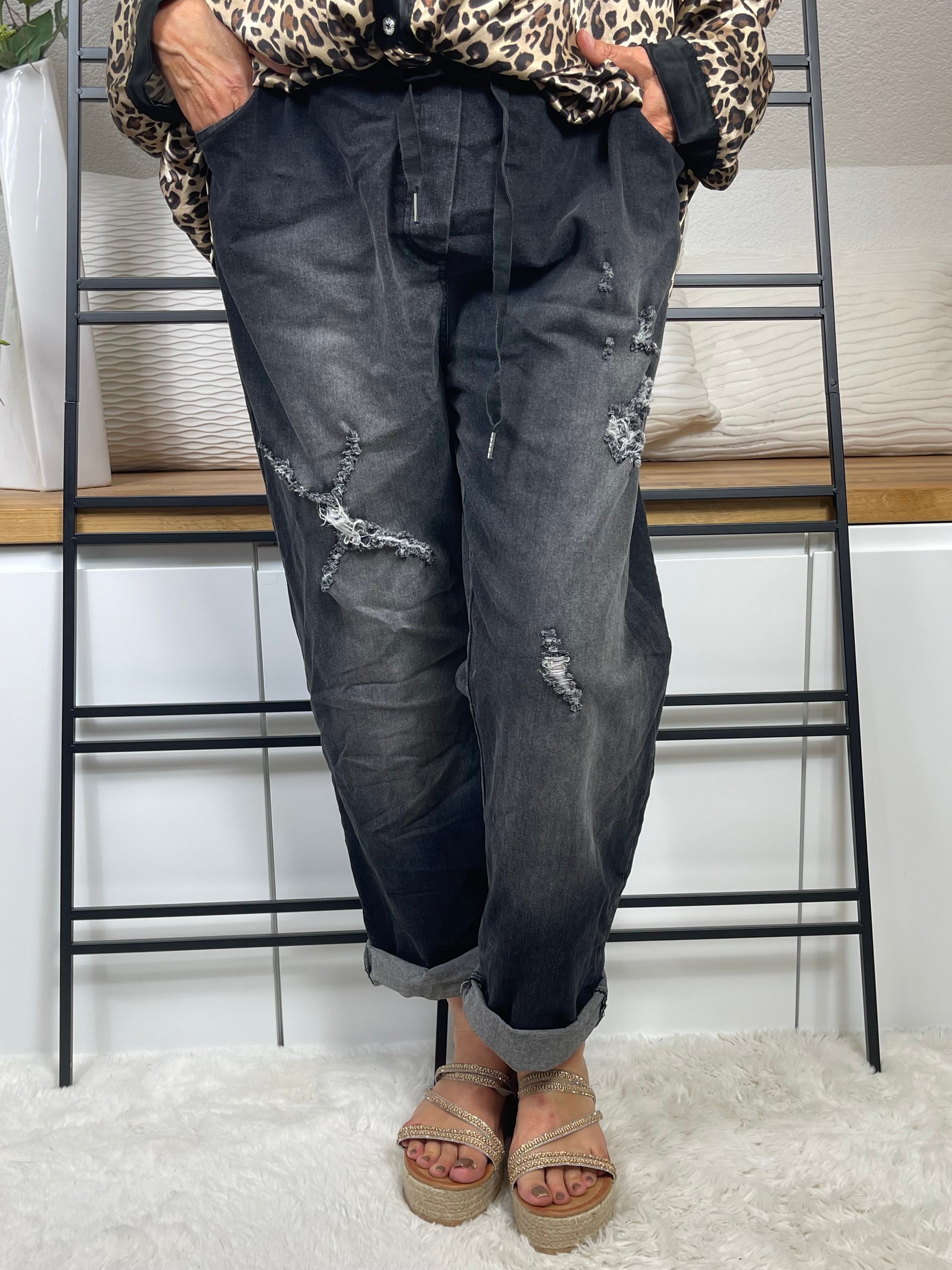 Damen - Jeans - Jogpant mit Patches Einheitsgröße Gr. 46 - 54 in schwarz