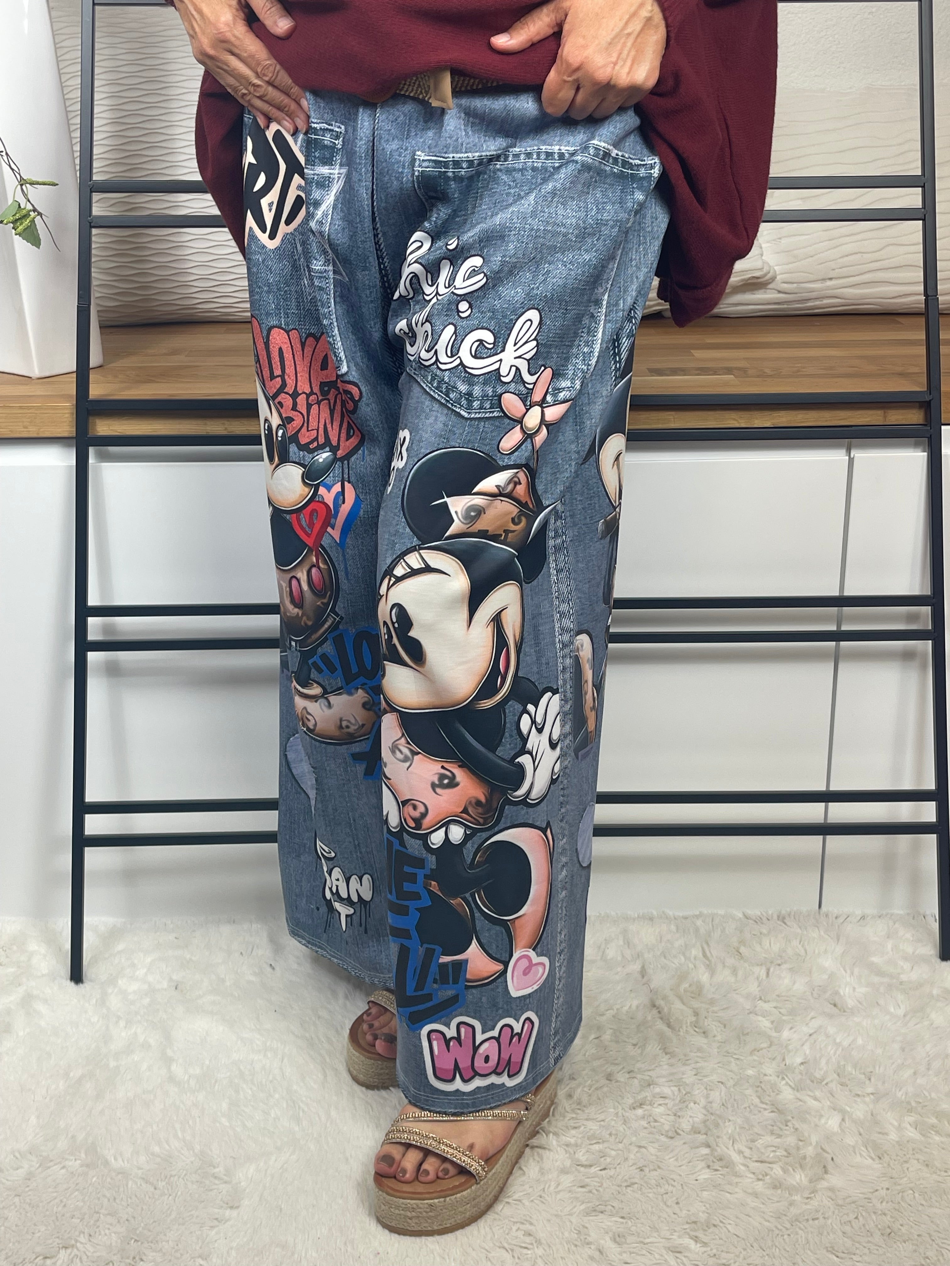 Elegante weite Damen - Jogpant „Mickey - Minney“ mit „3 D“ Effekt Einheitsgrösse Gr. 44 - 54 in 3 Varianten