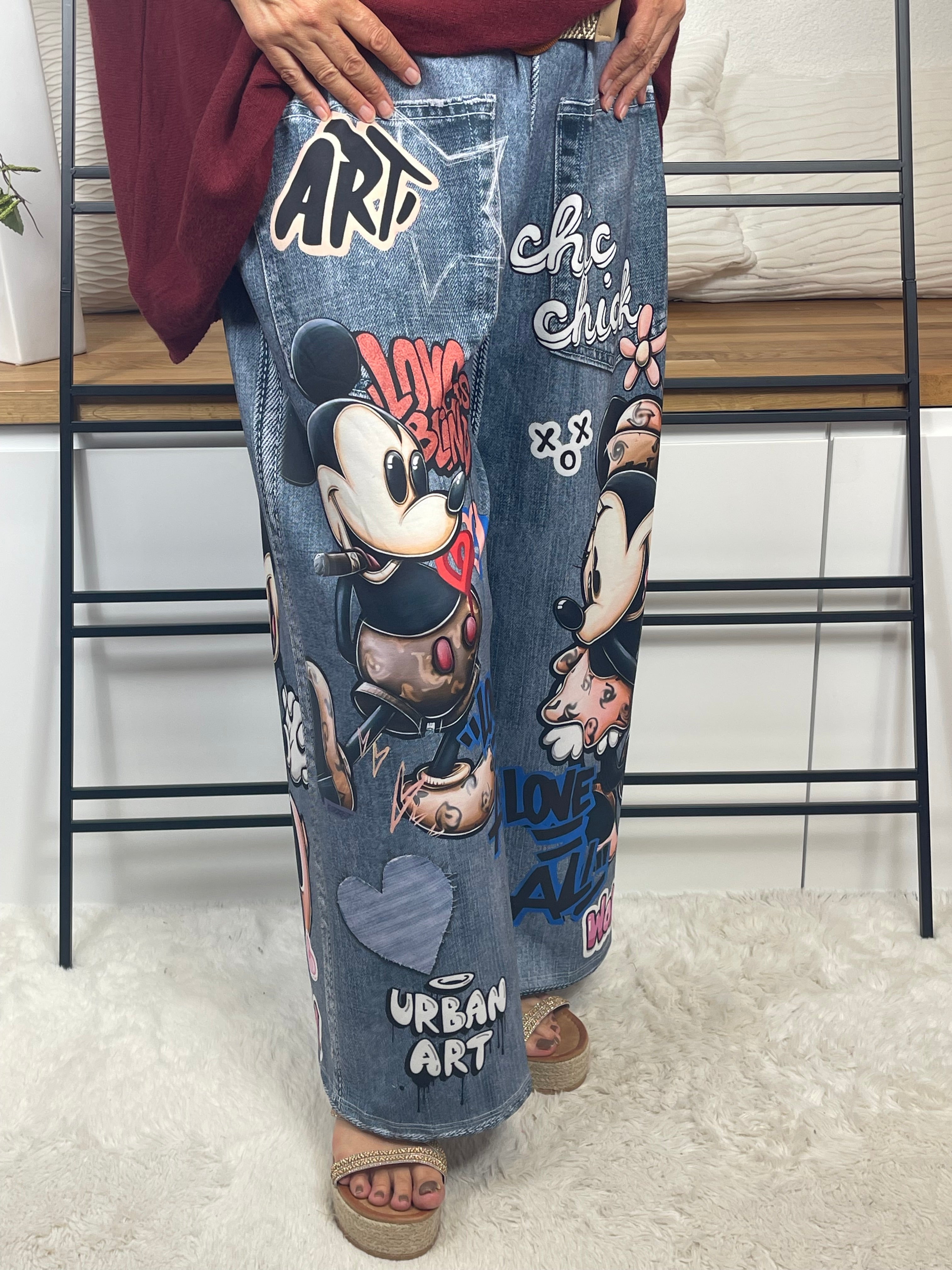 Elegante weite Damen - Jogpant „Mickey - Minney“ mit „3 D“ Effekt Einheitsgrösse Gr. 44 - 54 in 3 Varianten