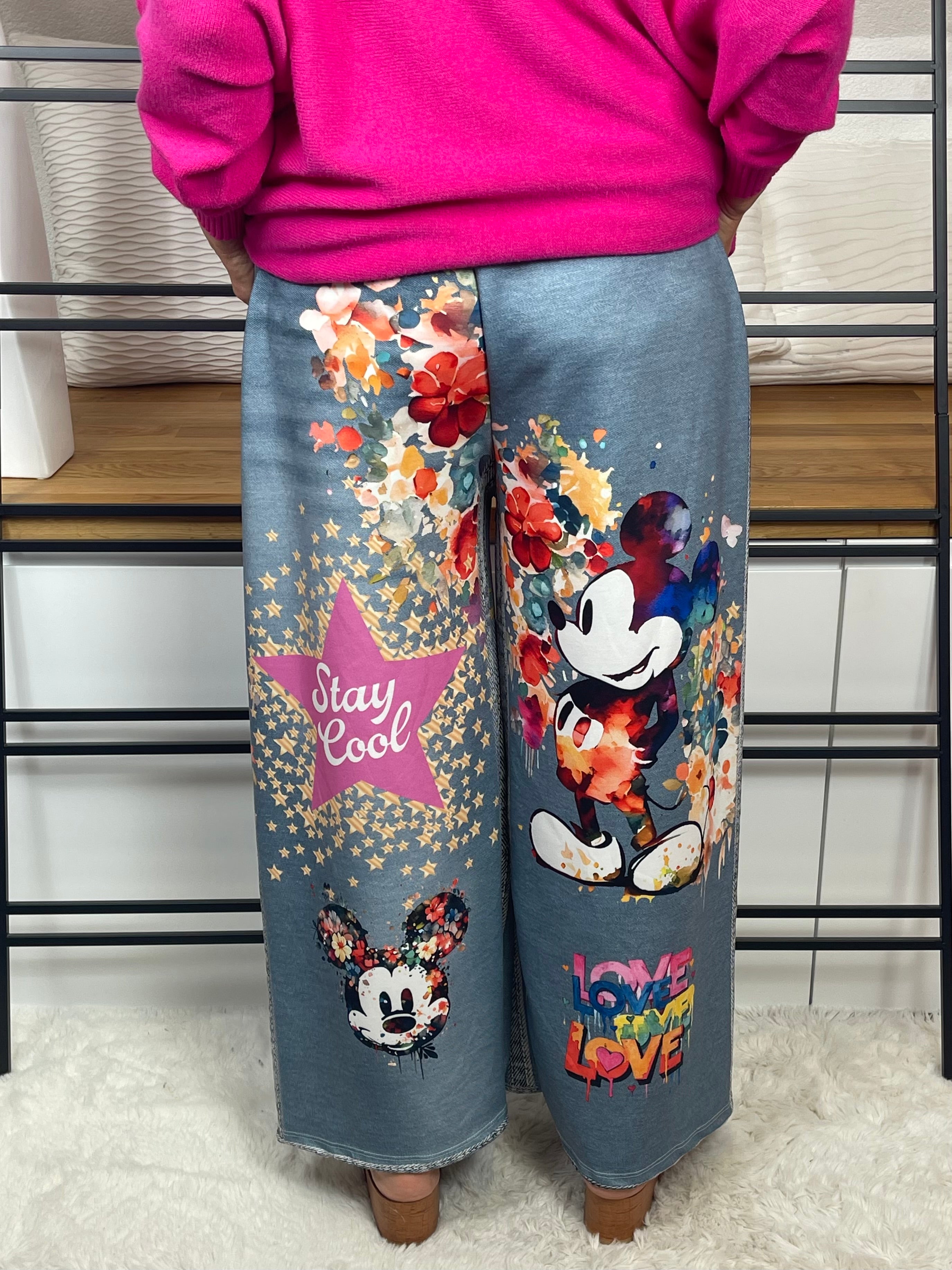 Elegante weite Damen - Jogpant „Mickey - Minney“ mit „3 D“ Effekt Einheitsgrösse Gr. 44 - 54 in 3 Varianten