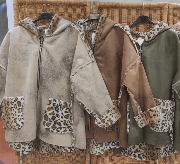 Kuschlig warme Waschleder - Damen Jacke mit „Animal Kunstpelz“ Einheitsgrösse Gr. 40 - 44/46 in 3 Farben