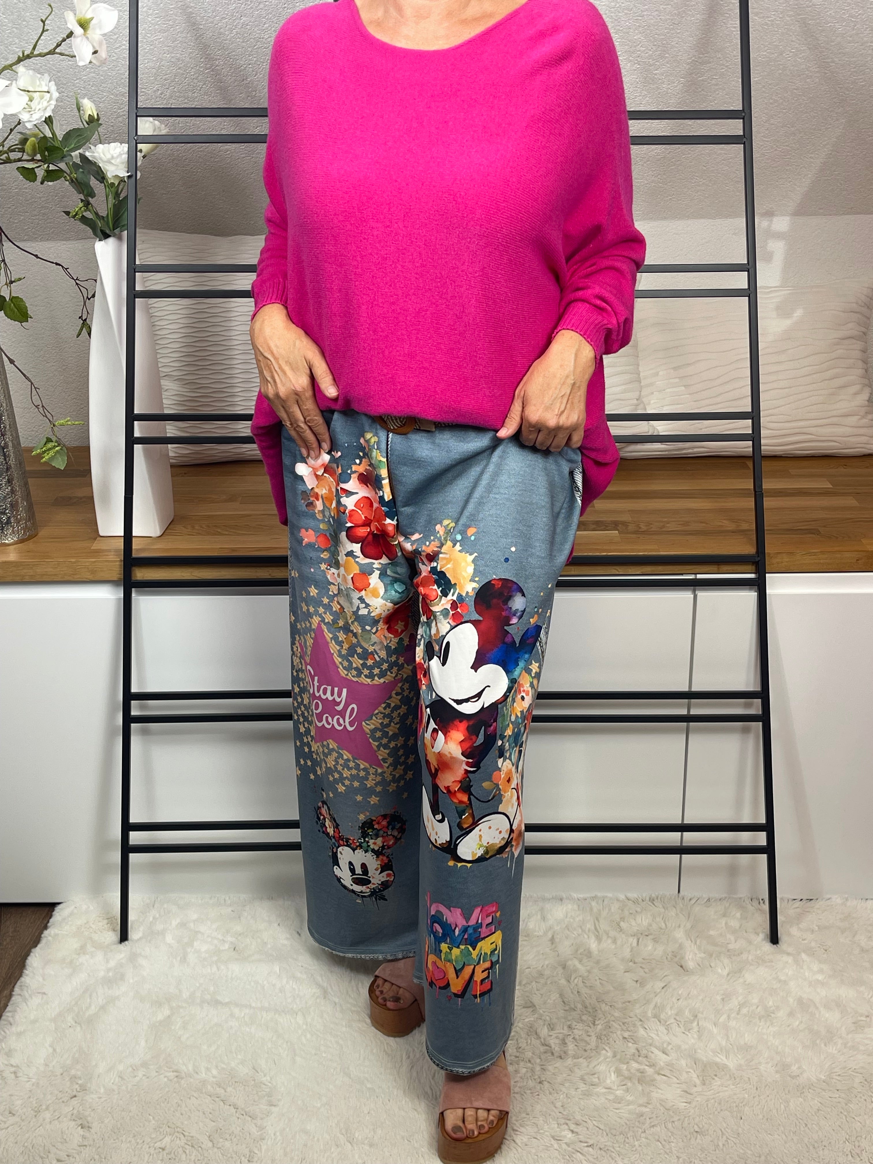 Elegante weite Damen - Jogpant „Mickey - Minney“ mit „3 D“ Effekt Einheitsgrösse Gr. 44 - 54 in 3 Varianten