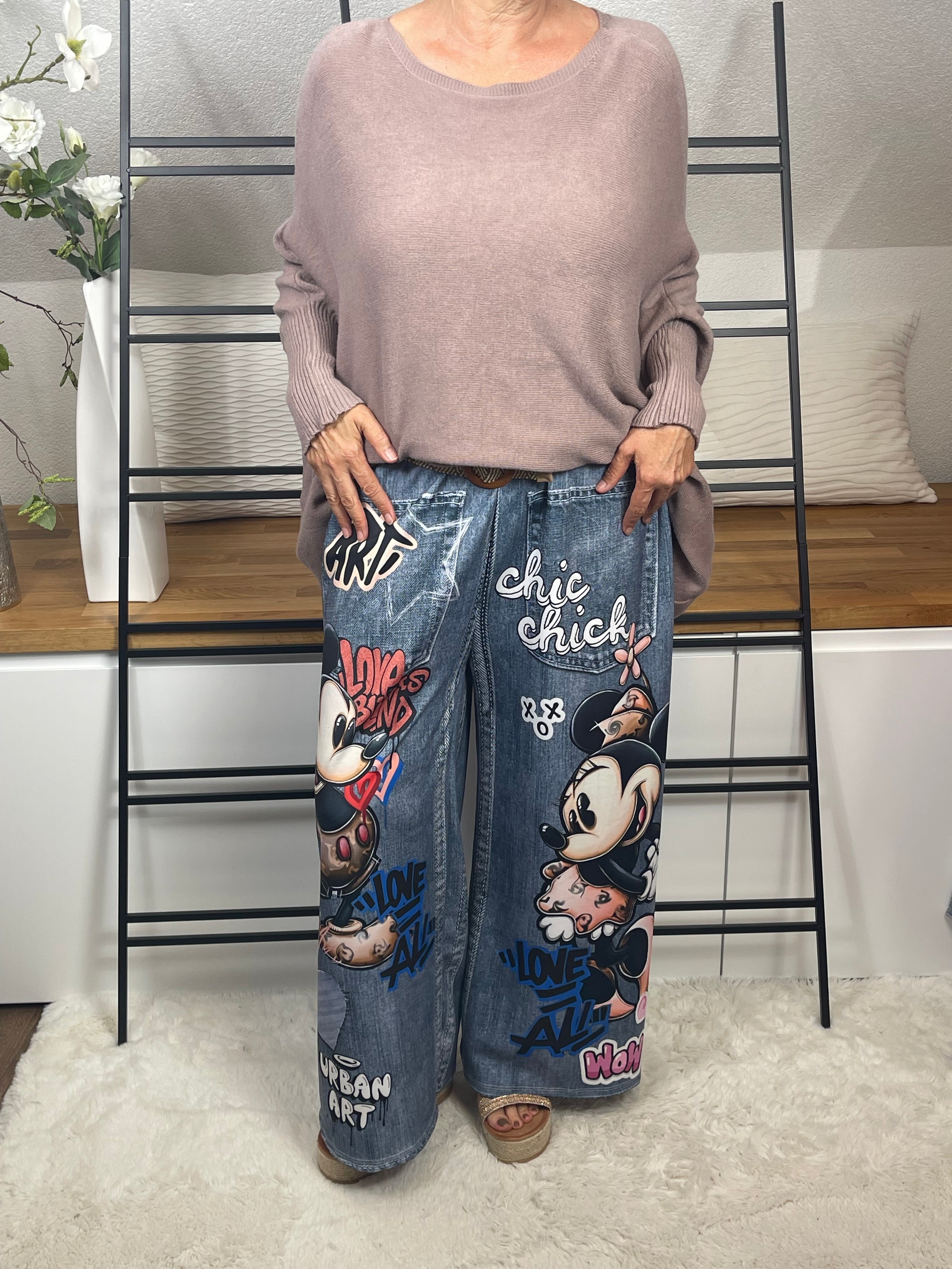 Elegante weite Damen - Jogpant „Mickey - Minney“ mit „3 D“ Effekt Einheitsgrösse Gr. 44 - 54 in 3 Varianten