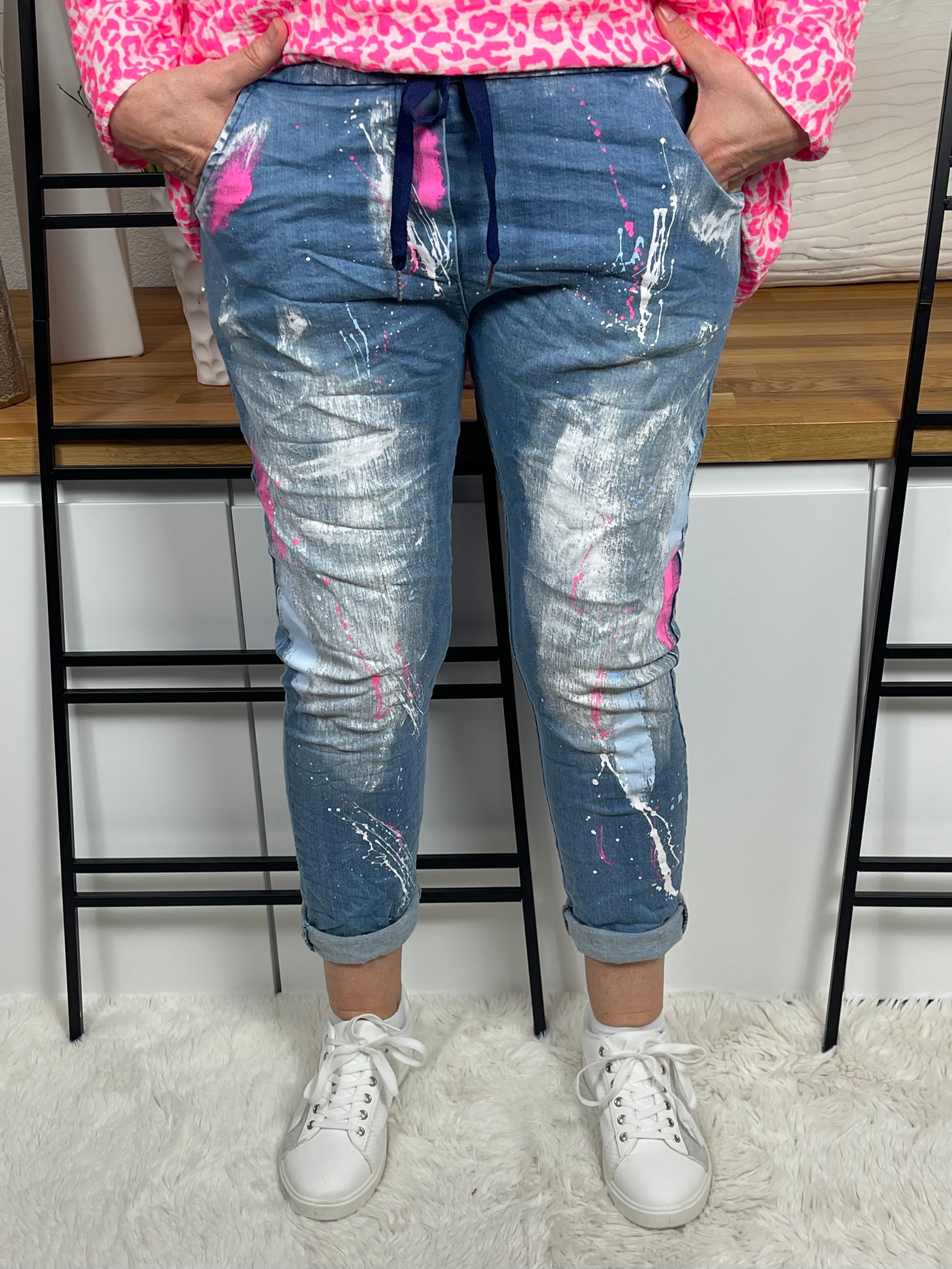 Damen - Jeans - Jogpant im Farbspritzer Design Einheitsgröße Gr. 38 - 44 in 3 Varianten