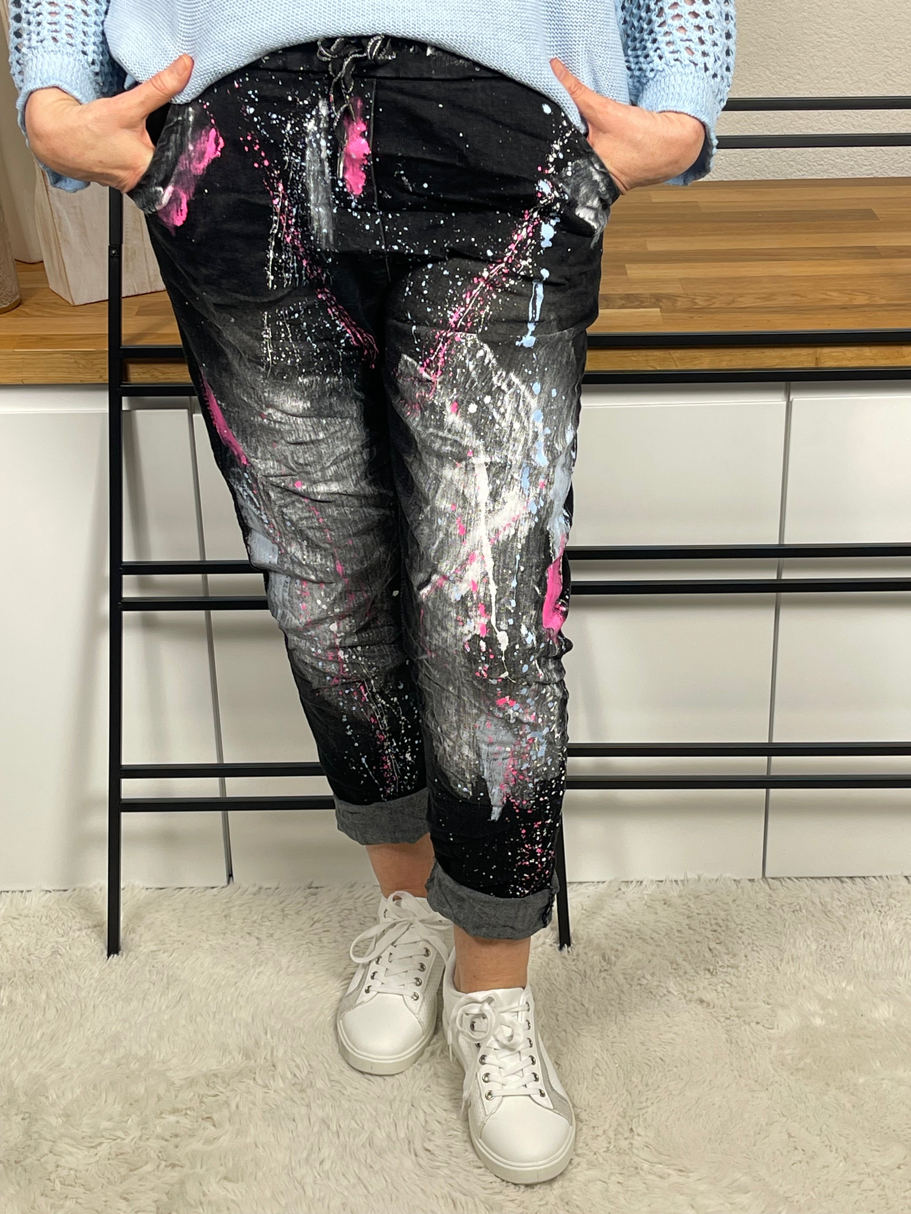 Damen - Jeans - Jogpant im Farbspritzer Design Einheitsgröße Gr. 38 - 46 in schwarz - bunt