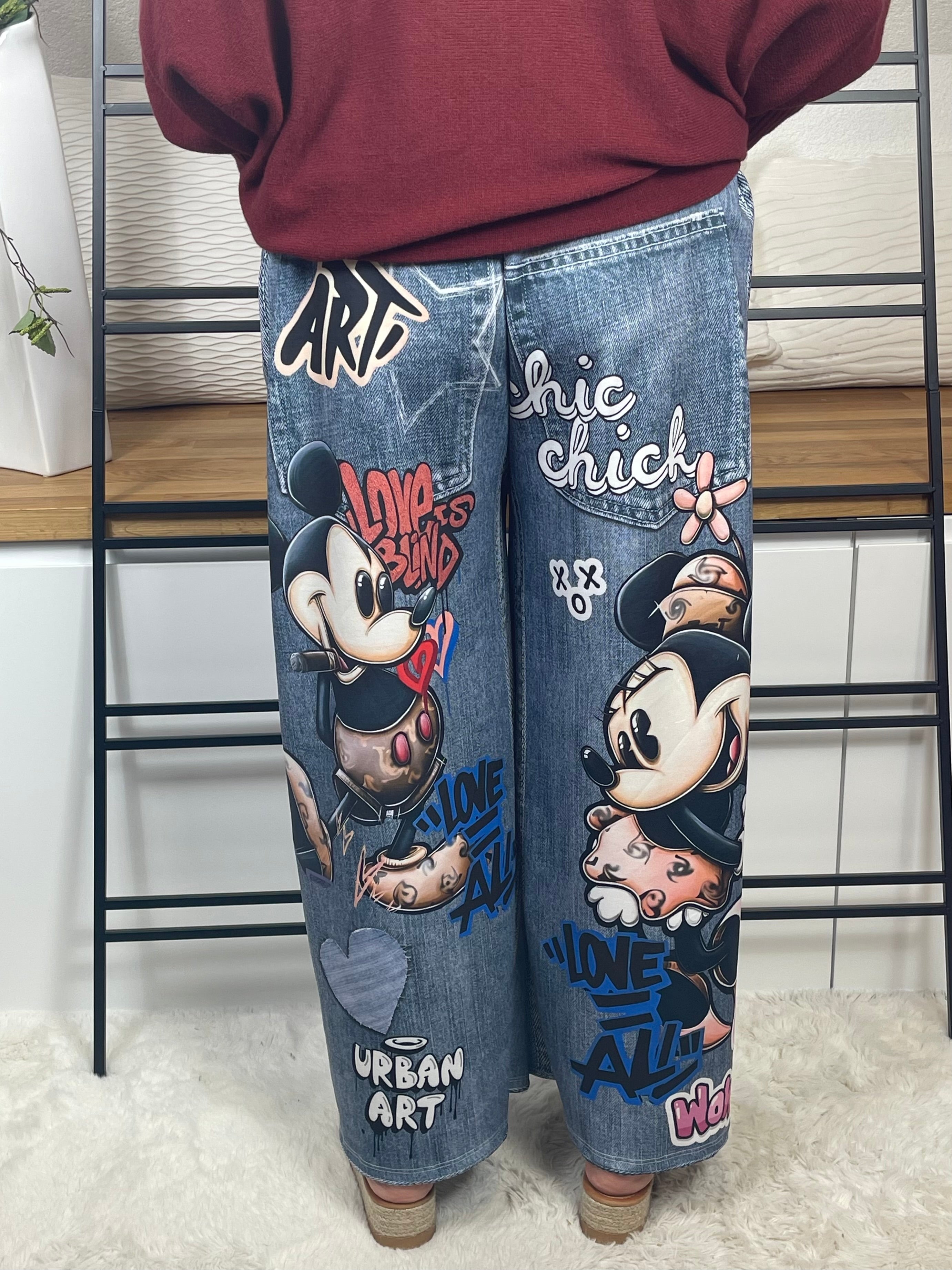 Elegante weite Damen - Jogpant „Mickey - Minney“ mit „3 D“ Effekt Einheitsgrösse Gr. 44 - 54 in 3 Varianten