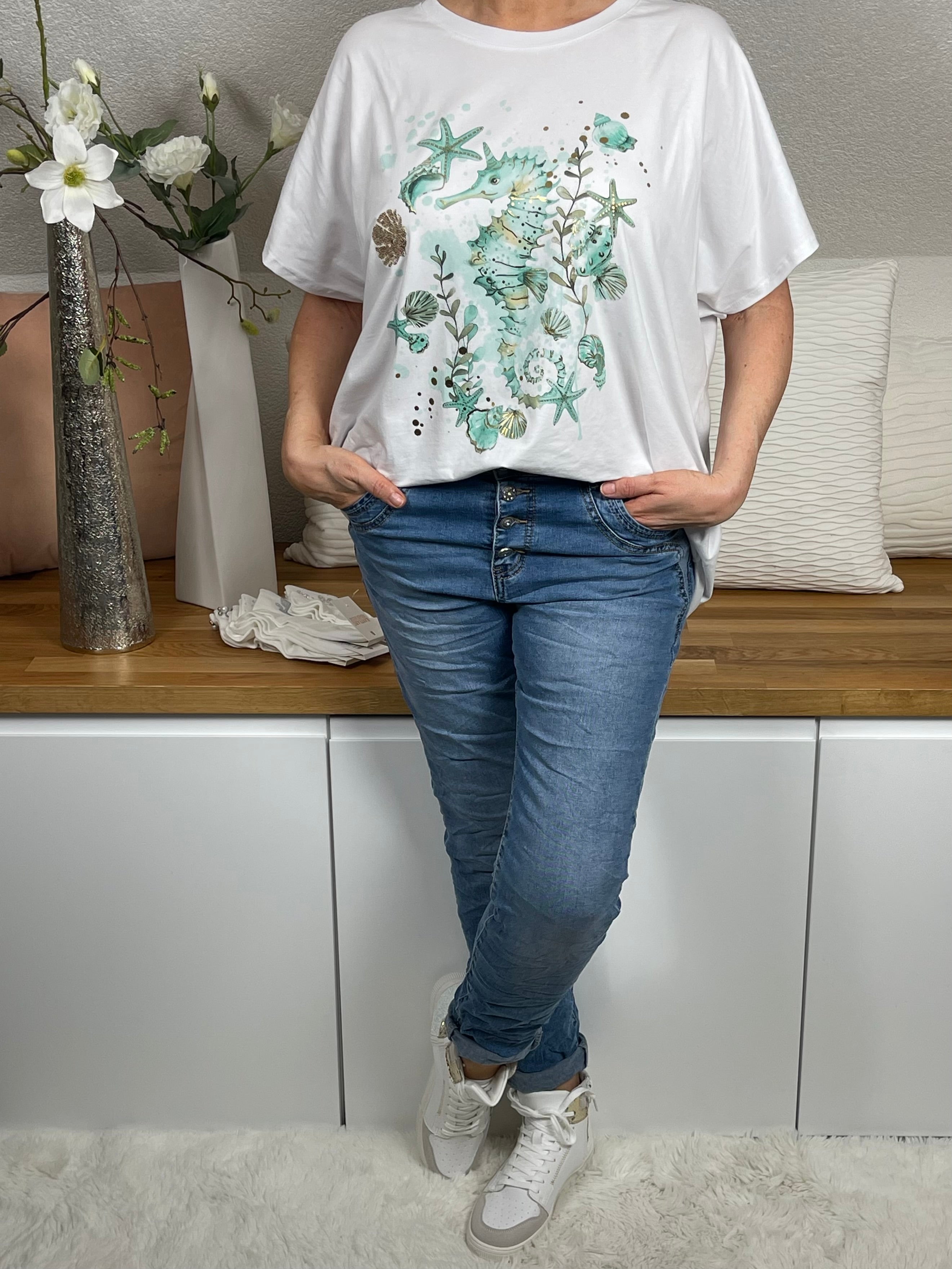 Damen T - Shirt „Seepferdchen“ Einheitsgrösse Gr. 44 - 48 in 4 Farben