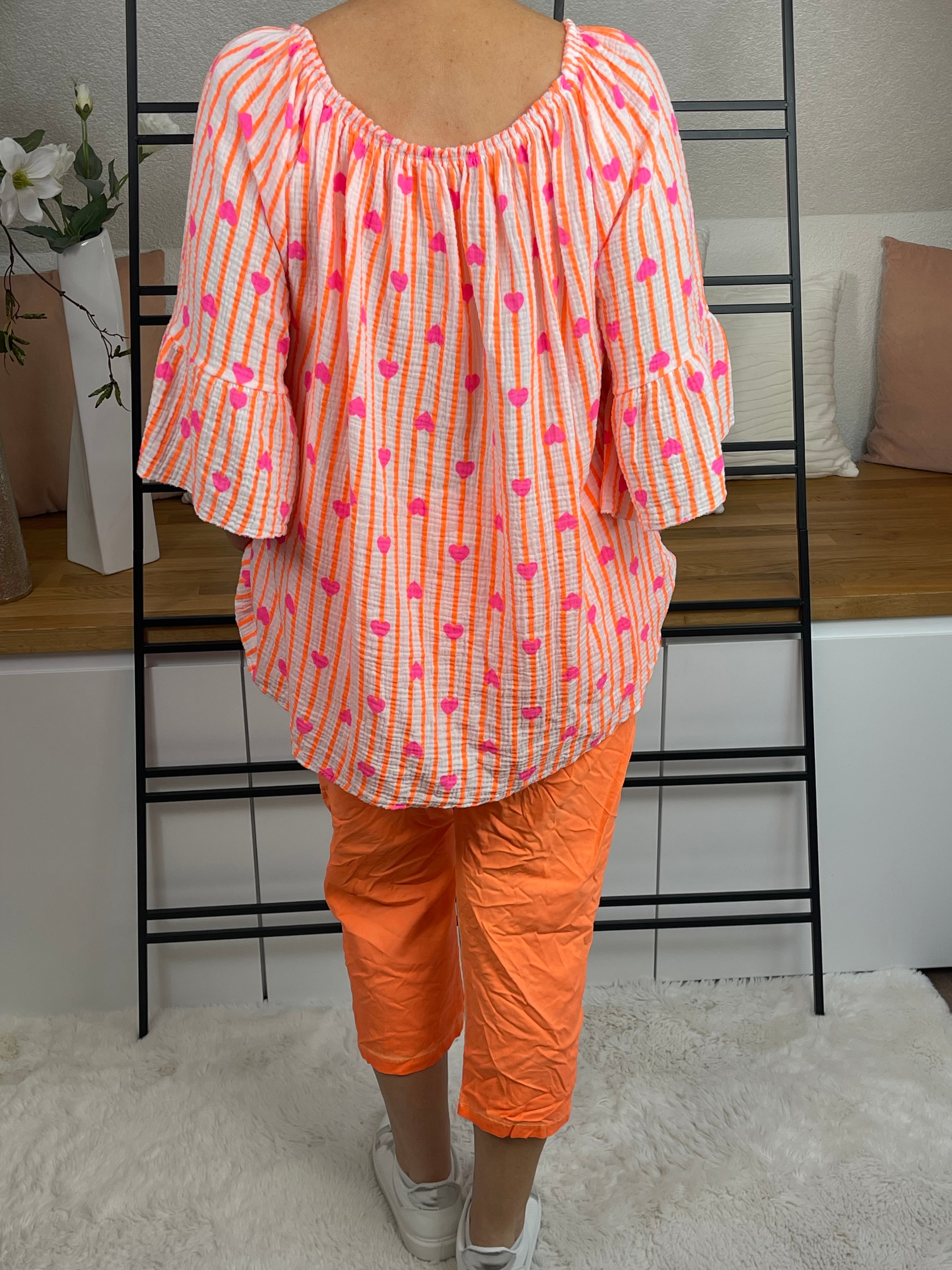 Damen Tunika mit „Herzchen Print“ Einheitsgrösse Gr. 38 - 44/46 in neonorange - weiß