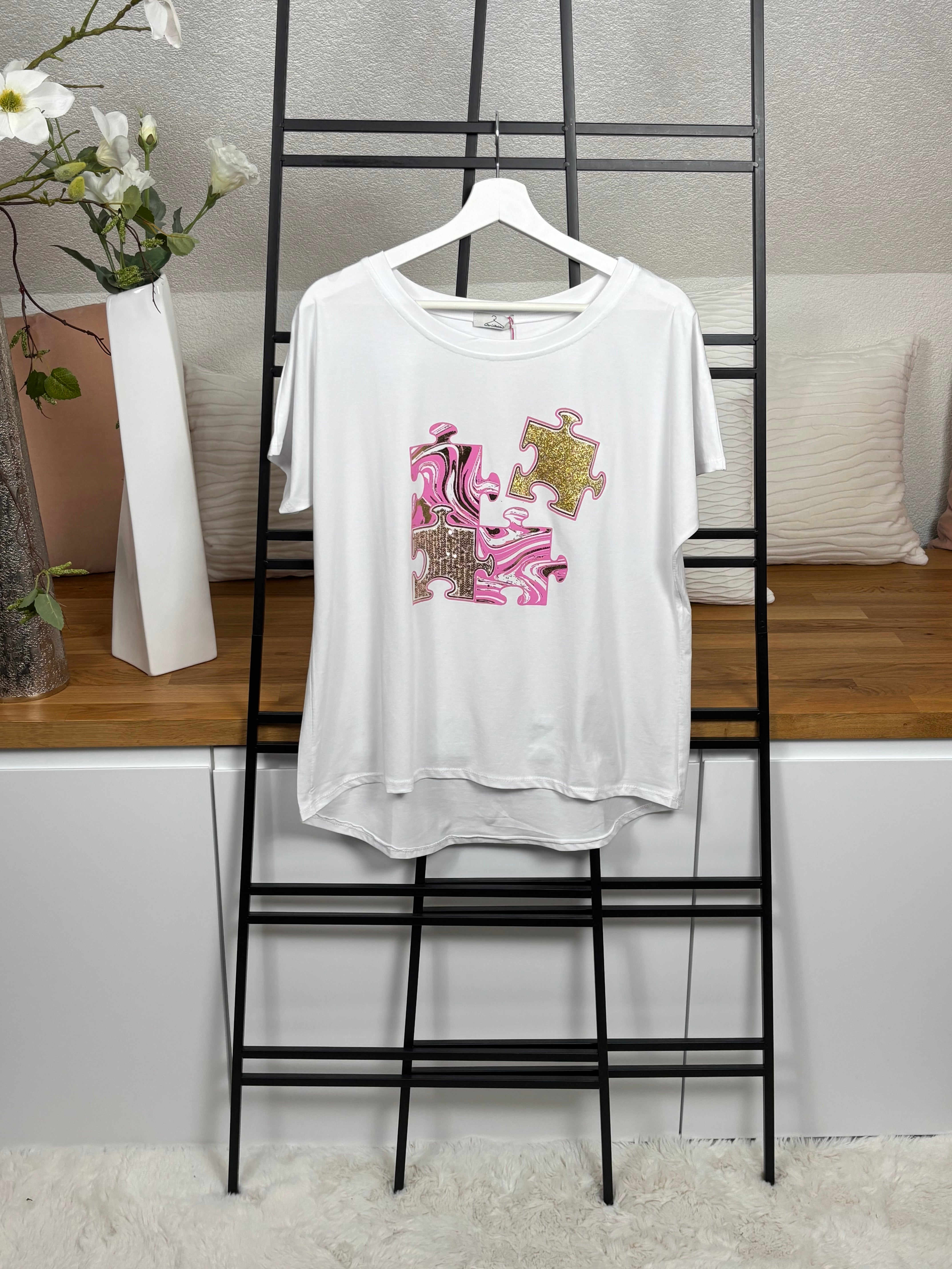 Damen - T - Shirt „Puzzle“ Einheitsgrösse Gr. 36 - 44 in weiß- bunt