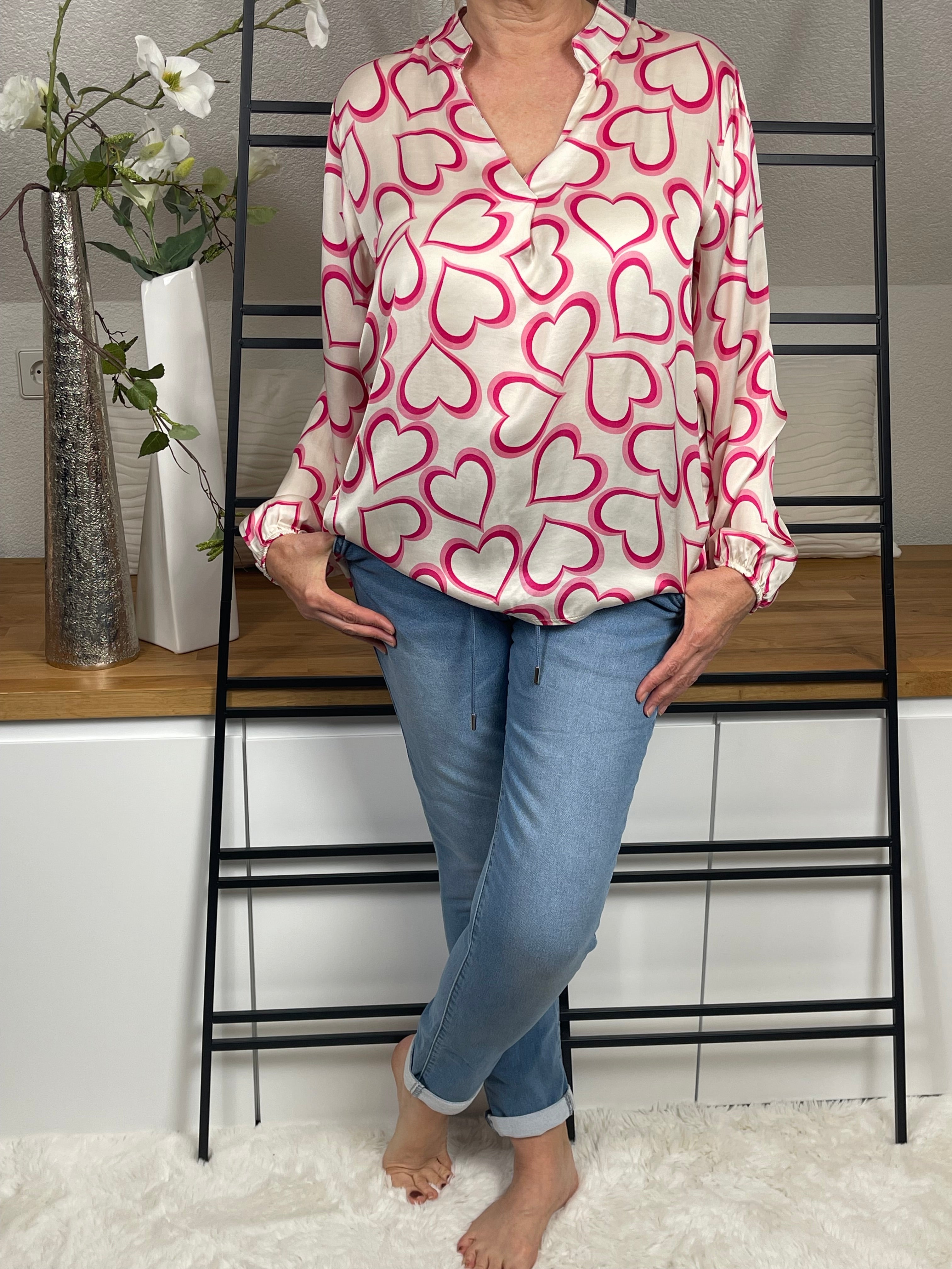 Damen - Bluse „Herzle“ Einheitsgrösse Gr. 36 - 42 in weiß - pink