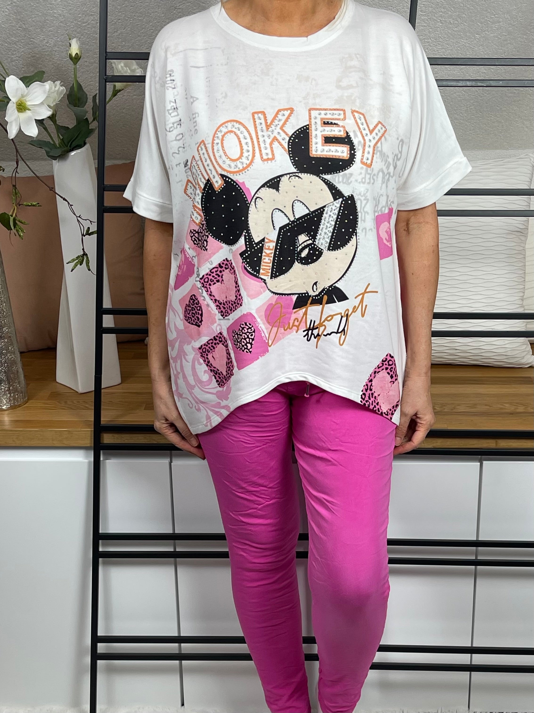 Damen - T - Shirt „Mickey“ Einheitsgrösse Gr. 38 - 44 in weiß - bunt