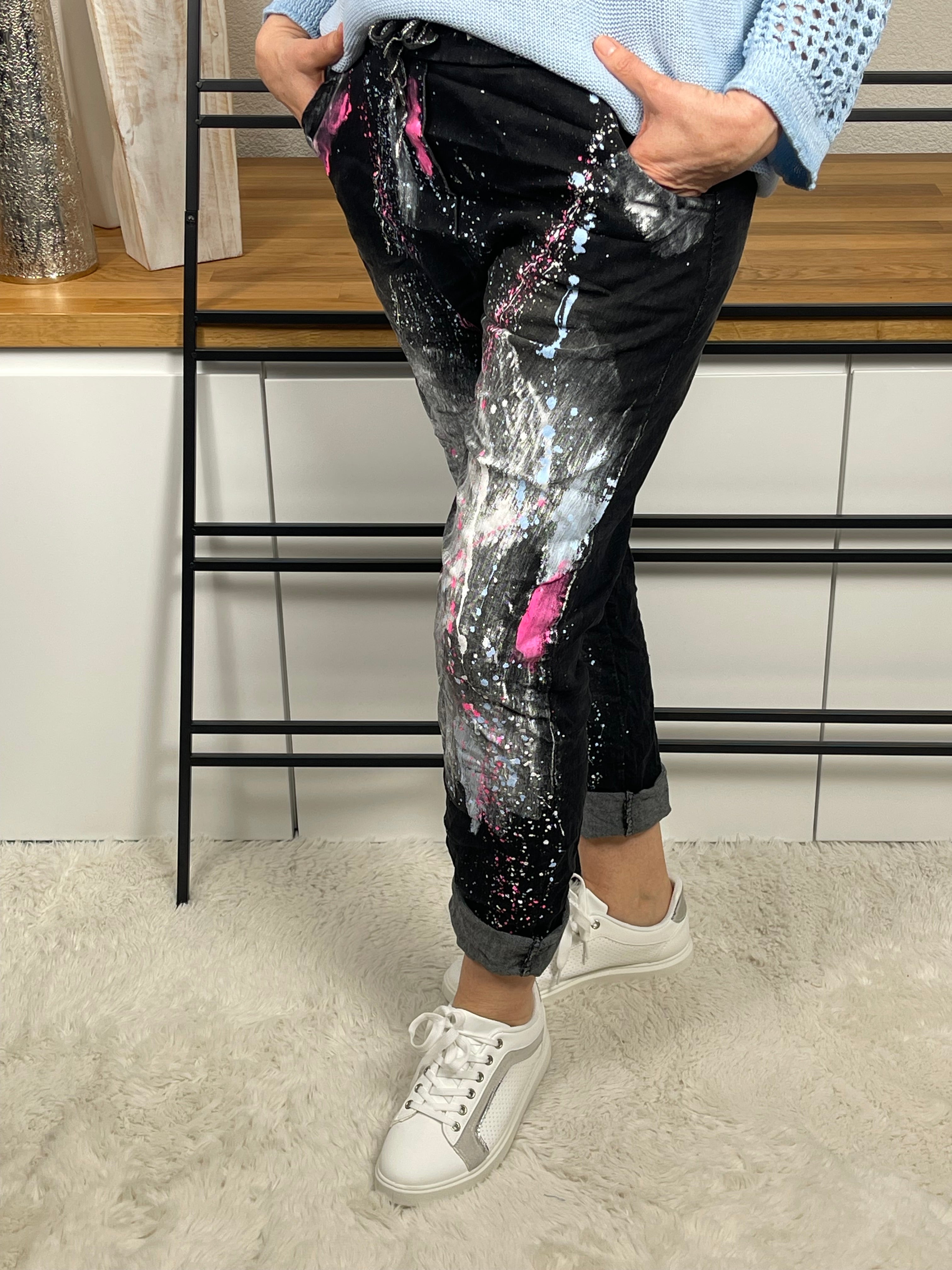 Damen - Jeans - Jogpant im Farbspritzer Design Einheitsgröße Gr. 38 - 46 in schwarz - bunt