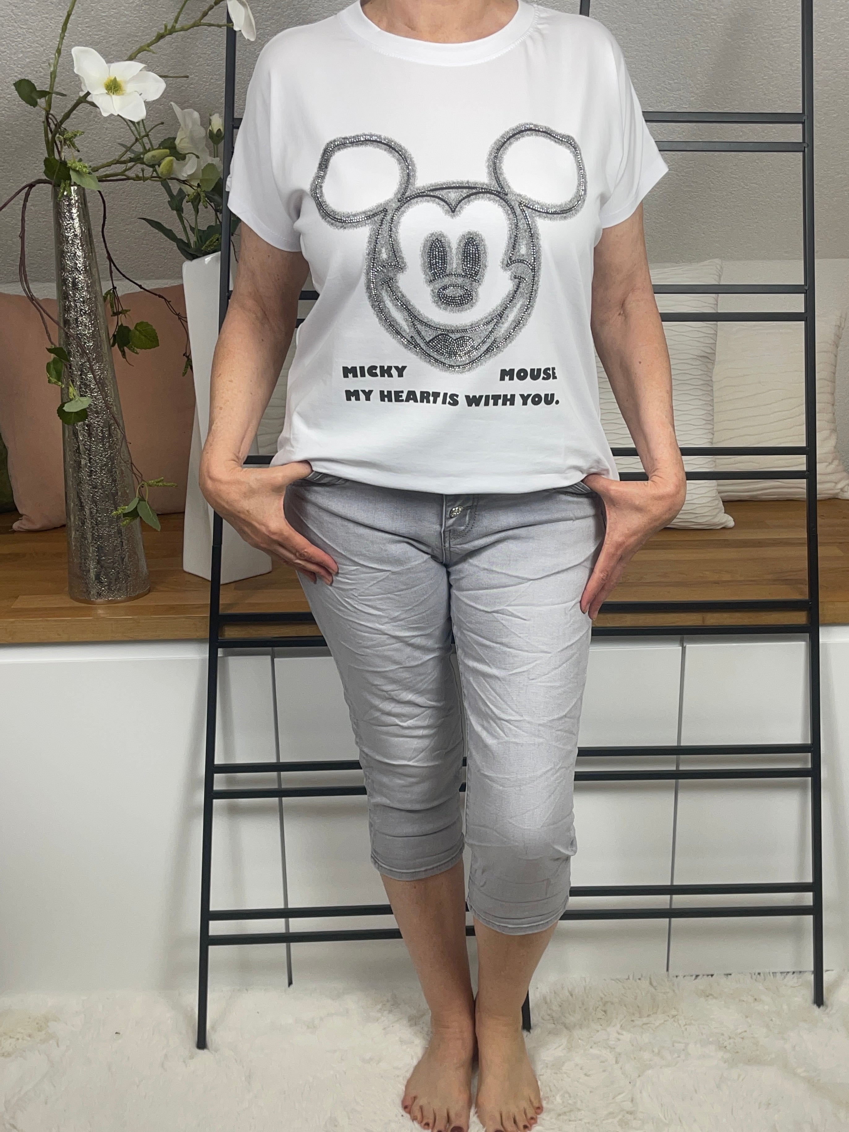 Damen - T - Shirt „Mickey“ mit Glitzer Einheitsgrösse Gr. 38 - 44 in weiß - schwarz