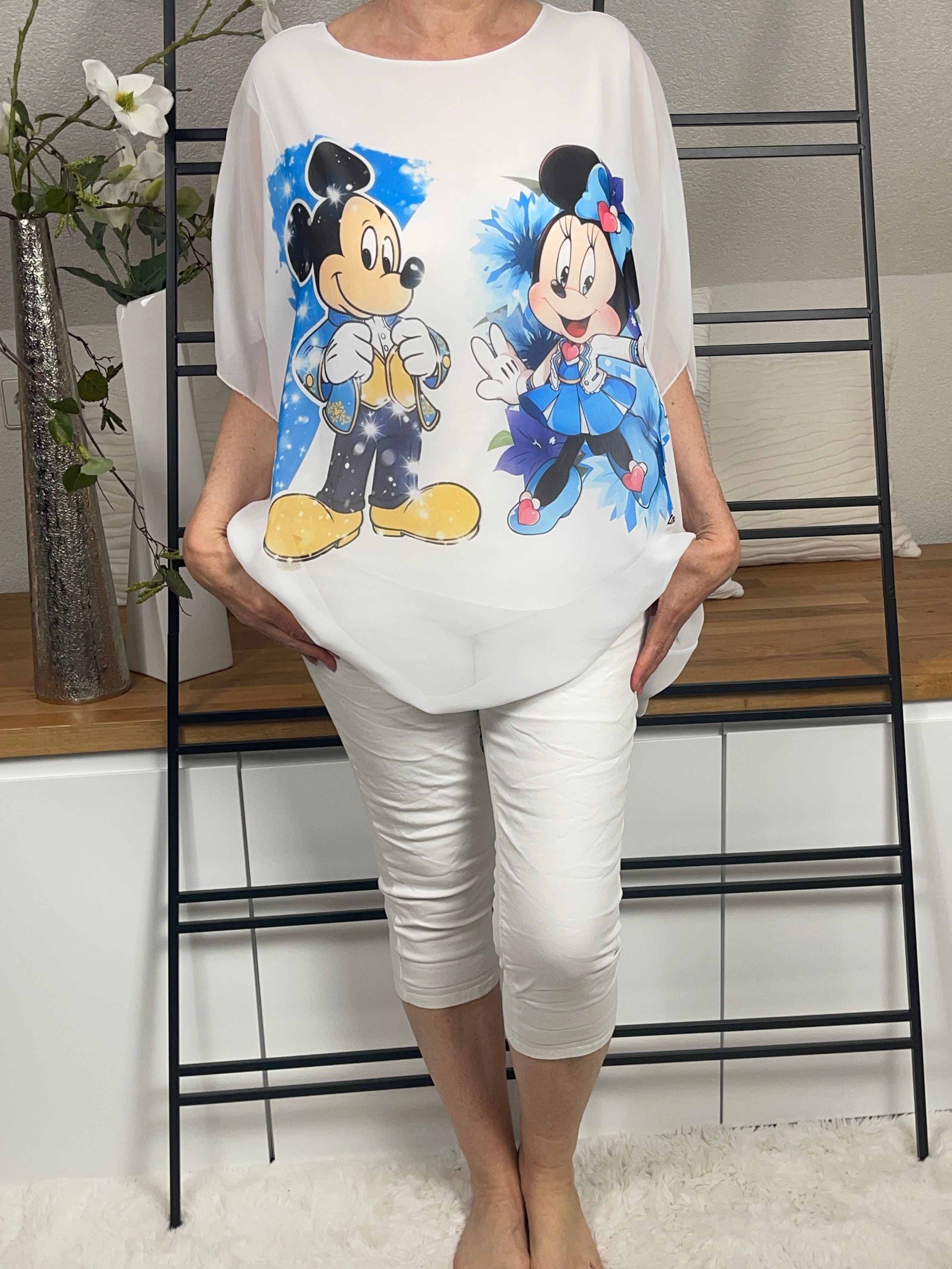 Damen - „Mickey“ Flattershirt Einheitsgrösse Gr. 38 - 48 in weiß - bunt
