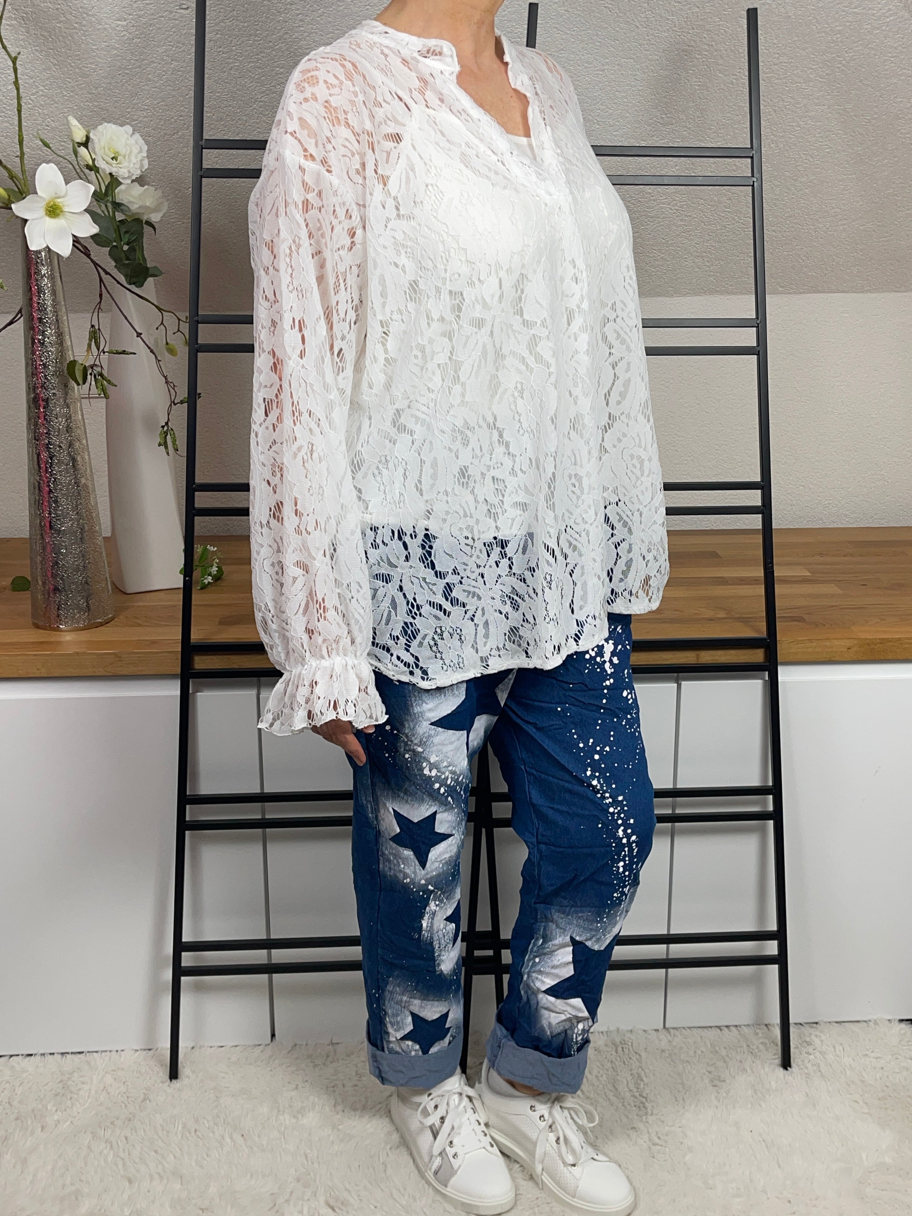 Damen Tunika - Shirt mit Spitze Einheitsgröße Gr. 42 - 48 in 2 Farben