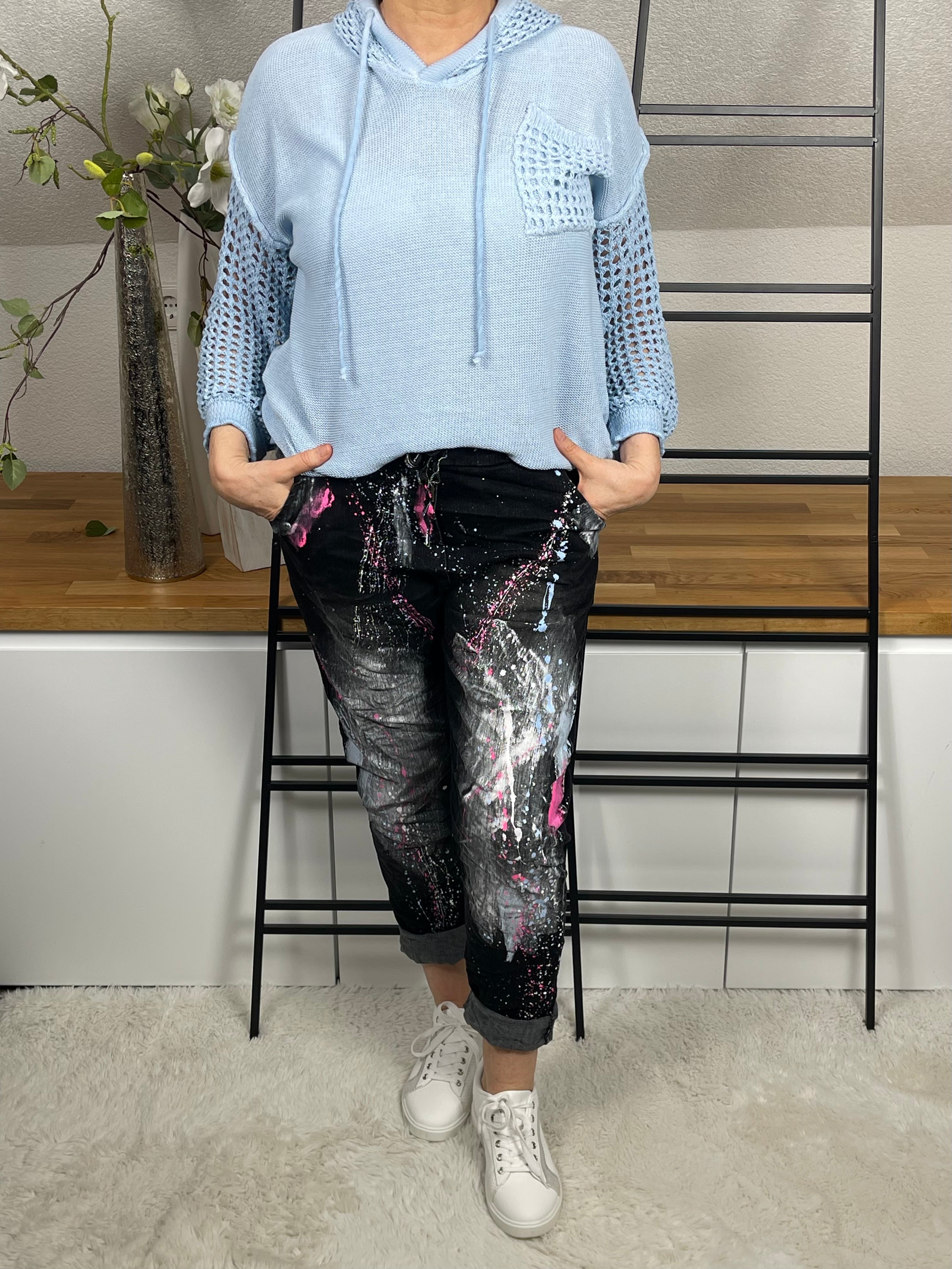 Damen - Jeans - Jogpant im Farbspritzer Design Einheitsgröße Gr. 38 - 46 in schwarz - bunt
