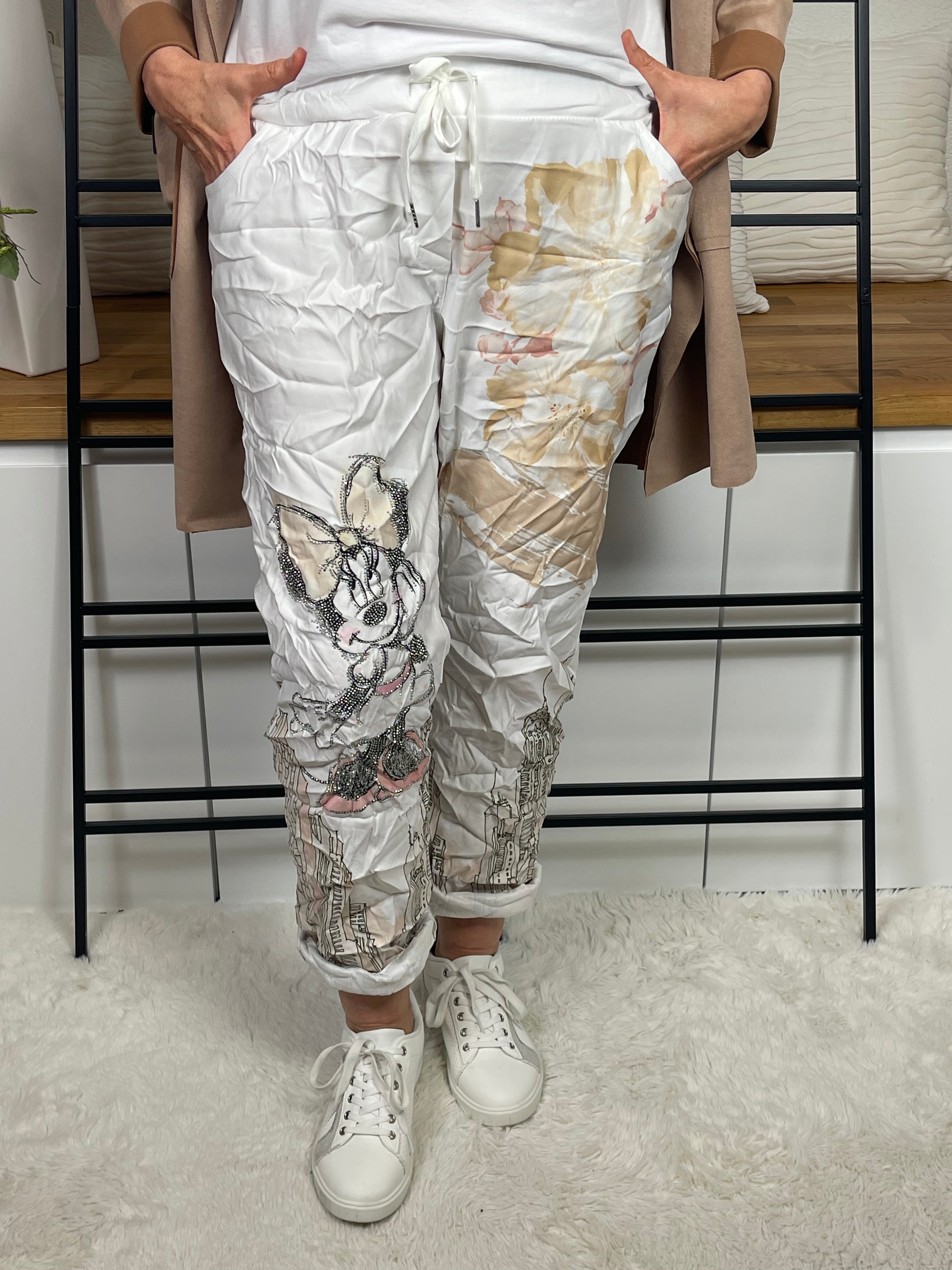 Damen - Jogpant „Mickey Mouse“ mit Glitzereffekt Einheitsgröße Gr. 42 - 48 in weiß - beige