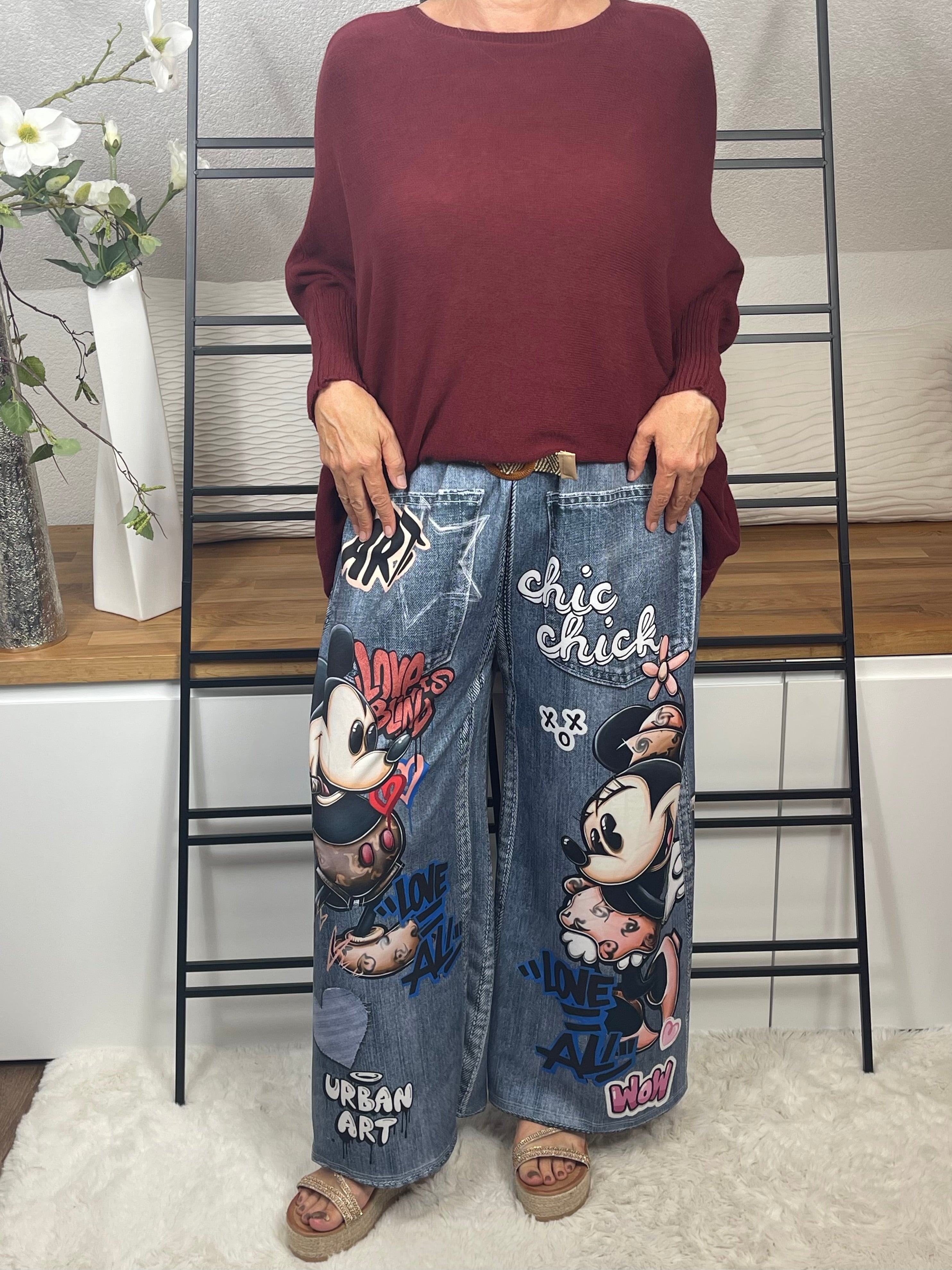 Elegante weite Damen - Jogpant „Mickey - Minney“ mit „3 D“ Effekt Einheitsgrösse Gr. 44 - 54 in 3 Varianten